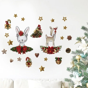 Stickers de Noël avec cerf et lapin dessin animé décorant un mur blanc de salon
