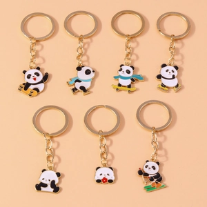 Cartoon Panda Keychain Enamel Alloy Skateboarding Skating Panda Bag Pendant Charms Gold Keychain Gift For Kids Women Accessories