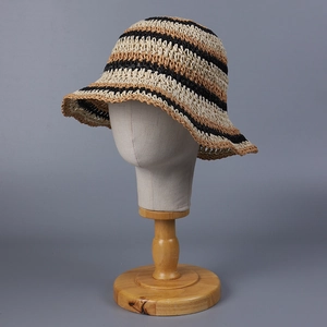 Faltbarer gestreifter Stroh-Sonnenhut für Damen in Beige, Braun und Schwarz gewebtem Muster