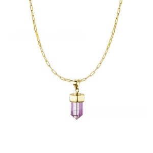 Detailed macro view of a gold paperclip chain necklace with a purple crystal pendant