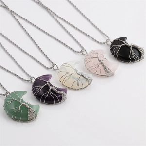 Tree Of Life Crescent Moon Pendant Necklace Natural Crystal Gemstone Wire Wrapped Spiritual Healing Jewelry For Women Men