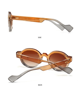 Detailed side and back view of retro polygon sunglasses with gradient brown lenses