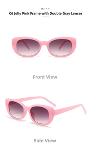 Detailed front and side views of jelly pink square sunglasses with gradient grey lenses