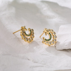 18K gold plated C-shaped moon and star earrings with white and green zirconia