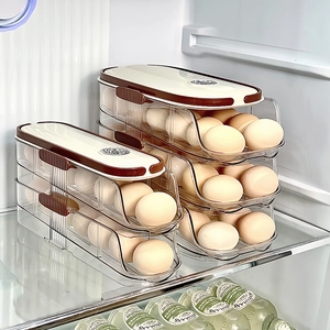 Modern transparent tiered egg storage box for refrigerator with automatic rolling slide