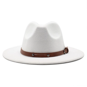 Classic white wool felt fedora hat with a brown leather belt buckle for men and women
