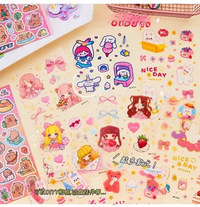 Detailed view of cute PET cartoon stickers featuring girls and animals for DIY crafts