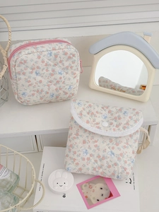 Trousse De Maquillage En Coton Matelassé Fleurie Pochette Cosmétique Portative Fermeture Éclair Et Pression Pour Femmes