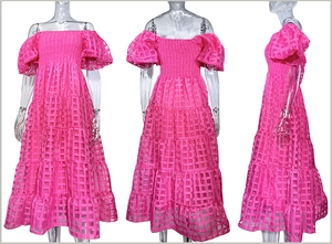Detailed views of rose red off-shoulder tiered dress with mesh texture and puff sleeves