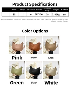 Size chart and multi-color options for stylish PU leather half-moon shoulder bag