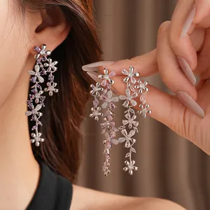 Sparkling zircon flower tassel earrings with silver needle in elegant cascading design