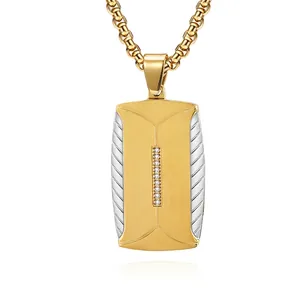 Dog Tag Pendant Necklace Stainless Steel Geometric Tire Texture Rhinestone Inlaid Hip Hop Fashion Jewelry For Men