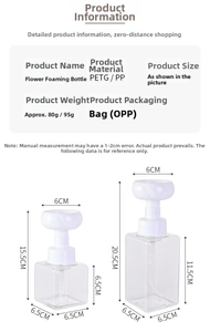 Detailed size chart for PETG flower foaming bottles showing dimensions and weight