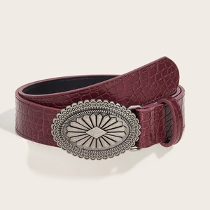 Vintage wine red faux crocodile leather belt with silver oval buckle for women