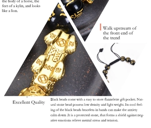 Detailed view of 12mm black obsidian beads with golden Pixiu and Six-Syllable Mantra