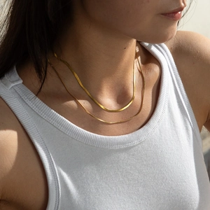 Polished 18K gold-plated stainless steel herringbone and round link layered chain necklace