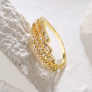 Gold-plated geometric open ring with micro-paved zircons and rectangular crystals