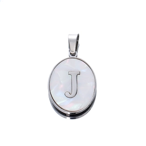 Detailed view of oval 22mm stainless steel pendant with letter J on mother of pearl base