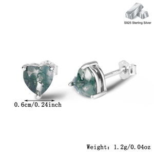 Macro detail of S925 sterling silver heart moss agate stud earrings with dimensions