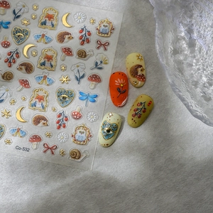 5D embossed forest hedgehog fox nail art stickers with gold foil details and floral patterns