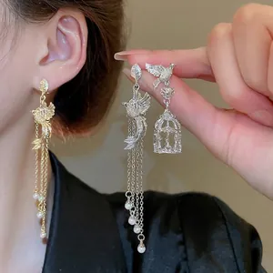 Asymmetrische Vogel Vogelkäfig Quasten Ohrhänger Mit Imitationsperle Und 925 Sterling Silber Ohrstecker Vintage Für Damen