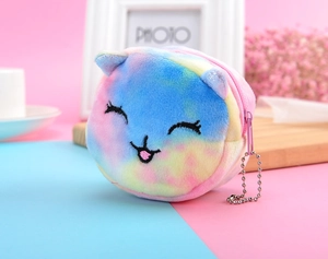 Mini plush rainbow cat coin purse with soft embroidery and silver chain attachment