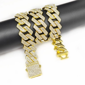 20mm Gold Triple Row Rhinestone Cuban Link Chain Necklace Wrapped on Display