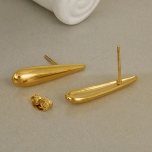 Detail view of gold-plated stainless steel teardrop earrings with polished finish
