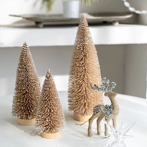 Mini champagne sisal Christmas trees and golden reindeer tabletop holiday decorations