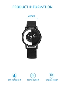 Detailed specs of TOMI hollow watch with 20mm leather strap and 30m water resistance
