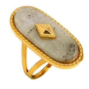 Minimalist 18K gold plated stainless steel open ring featuring an oval grey stone