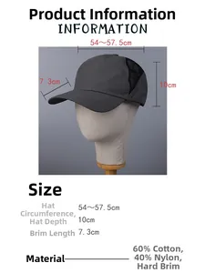 Detailed size guide for mesh baseball cap showing dimensions and fabric composition