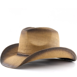 Western Cowboy Hat Braided Straw Wide Brim Sun Protection Outdoor Beach Retro Gradient Ombre For Women Men