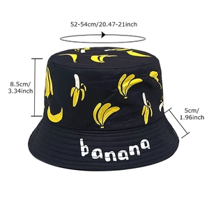 Kids black cotton bucket hat with yellow banana print and size measurements