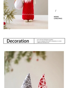 Close-up of plush Santa Claus gnome decoration with red knit fabric and snowflake patterns