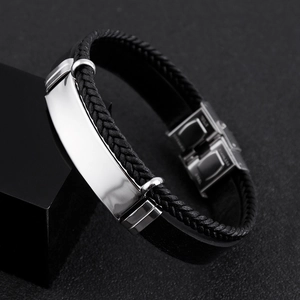 Mens vintage black braided leather bracelet with polished silver stainless steel metal bar