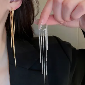 Elegant gold and silver long tassel teardrop earrings with fine metal chain design