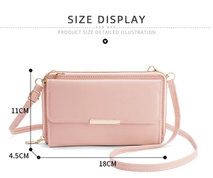 Pink PU leather crossbody phone wallet with size 18x11x4.5CM and double zippers