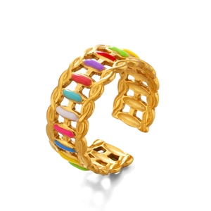 Minimalist gold-plated stainless steel open ring with colorful enamel inlay and woven texture