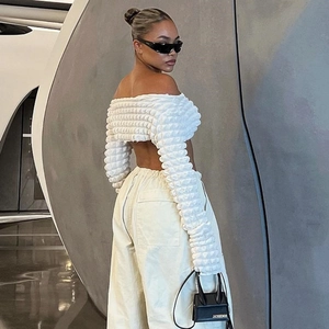 Women Off Shoulder Crop Top Bubble Popcorn Textured Knit Long Sleeve Sexy Slim Fit Streetwear Shirt