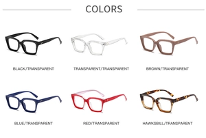 Collage showing six color options for square frame glasses including black and tortoise