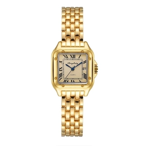 Elegant gold square quartz watch with Roman numerals and stainless steel link band