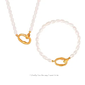 Freshwater Pearl Necklace And Bracelet With Gold Plated Stainless Steel Irregular Clasp French Elegant Style For Women