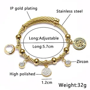 Tree Of Life Bangle Stainless Steel Twisted Cable Adjustable Charm Bracelet Zircon Crystal Fashion Jewelry For Women