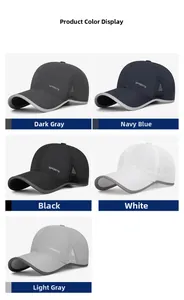Detail view of quick-dry baseball caps with mesh panels in five various colors