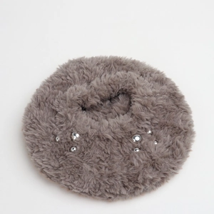 Close-up of grey faux fur snood featuring silver beaded accents and soft plush texture