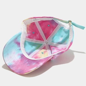 Unisex colorful tie-dye cotton baseball cap showing internal structure and cotton label