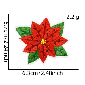 Detailed red poinsettia embroidery patch showing dimensions 6.3cm width for Christmas decor