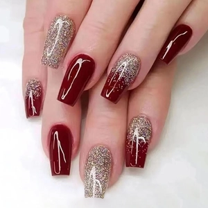 Faux Ongles Bordeaux Doré Paillettes Dégradé Forme Cercueil Longue Brillant Ongles Amovibles Pour Femmes Fête