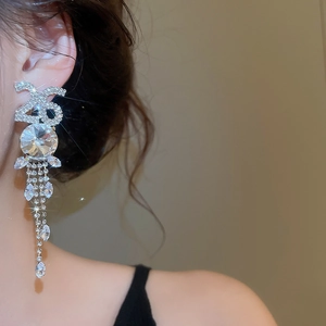 Boucles d'oreilles longues à pampilles avec pendentif 2026 sur mannequin, style chic